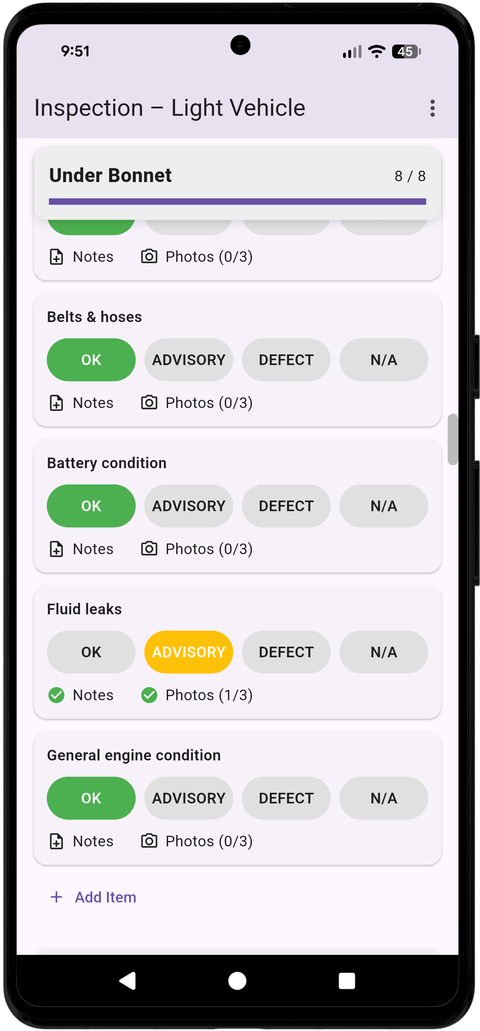 Automotive workshop inspection screenshot