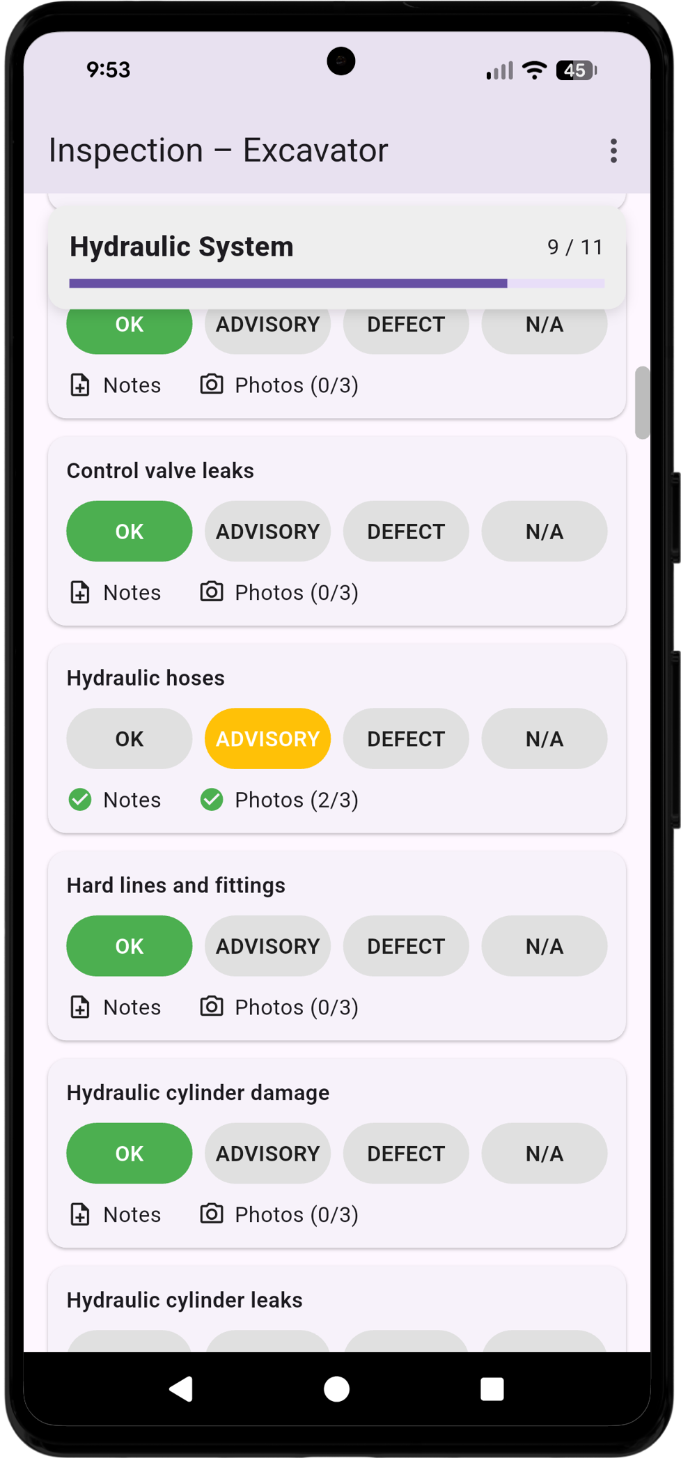 Heavy vehicle and machinery inspection screenshot