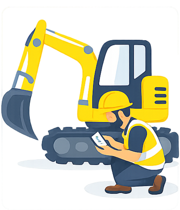 Mechanic inspecting excavator with phone